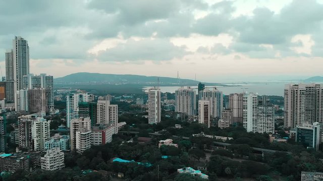 India, Stunning Aerial view, Mumbai City, Maharashtra, beautiful cloudy weather.
