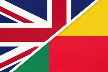 United Kingdom vs Benin national flag from textile. Relationship between two European and African countries.
