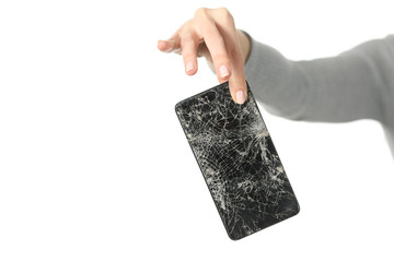 Woman hand showing broken phone screen isolated on white