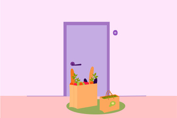 Products delivery to home on quarantine. Foods delivery to home vector cartoon illustration. Online shopping