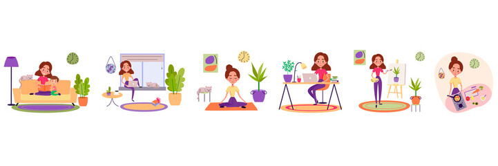 Stay home concept. Girl takes care for children, working remotely, doing yoga, drawing and cooking. Cozy modern scandinavian interior.