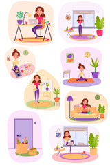 Woman is reading with her son, painting, cooking, doing sports, working remotely as freelancer. Stay at home concept. Vector cute illustration of coronavirus quarantine