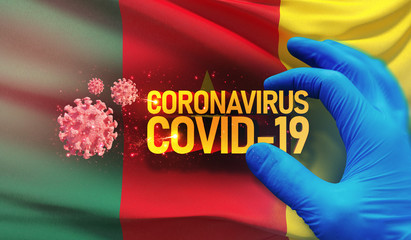 Coronavirus COVID-19 outbreak concept, health threatening virus, background waving national flag of Cameroon. Pandemic stop Novel Coronavirus outbreak covid-19 3D illustration.