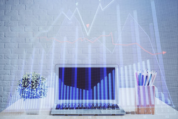 Multi exposure of forex chart and work space with computer. Concept of international online trading.