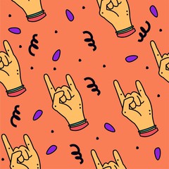 Seamless vector pattern with a hand-the sign of music rock. Background for teenagers. - 338296992