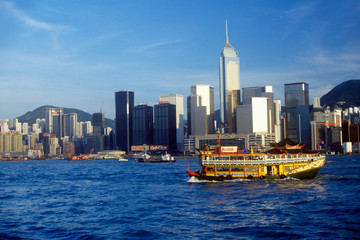 Fototapeta na wymiar Tourist sightseeing boat in Hong Kong Harbor