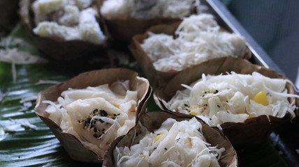 Thai desserts in banana leaf krathong