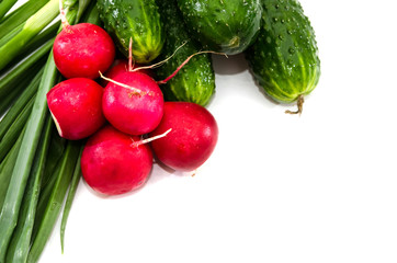 radish, cucumbers and green onions on a white background. Copy space. Place for text. Close-up.