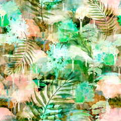 Watercolor seamless pattern. Silhouette of a tree, bush, forest.  fashionable pattern for wallpaper, fabrics,  design. 
green, night trees.Cedar, oak, birch, poplar, linden, aspen. Mixed forest