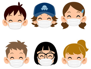 Fototapeta premium マスクをつけた6種類の子どもたちの笑顔 