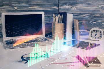 Multi exposure of forex graph and work space with computer. Concept of international online trading.