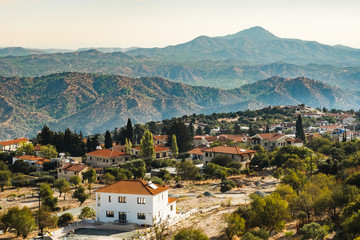 Fototapeta na wymiar Mountain hills, rooftops of the Lefkara village. Cyprus