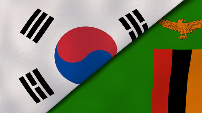 The flags of South Korea and Zambia. News, reportage, business background. 3d illustration