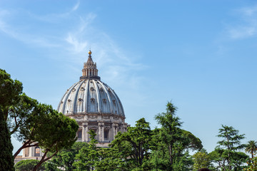 St. Peter's Basilica dome surrounded by trees, as seen from Vatican Gardens - Vatican City, Rome,...