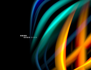 Silk smooth lines on black, liquid fluid color waves. Vector Illustration