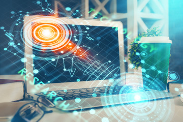 Multi exposure of desktop with personal computer and tech theme drawing. Concept of Bigdata.