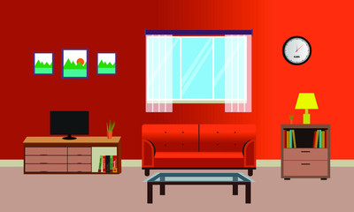 Furniture: sofa, window, bookcase, tv, picture. Living room interior.Flat style Cartoon vector illustration