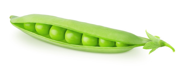 Closeup of green pea pod with beans isolated on a white background.