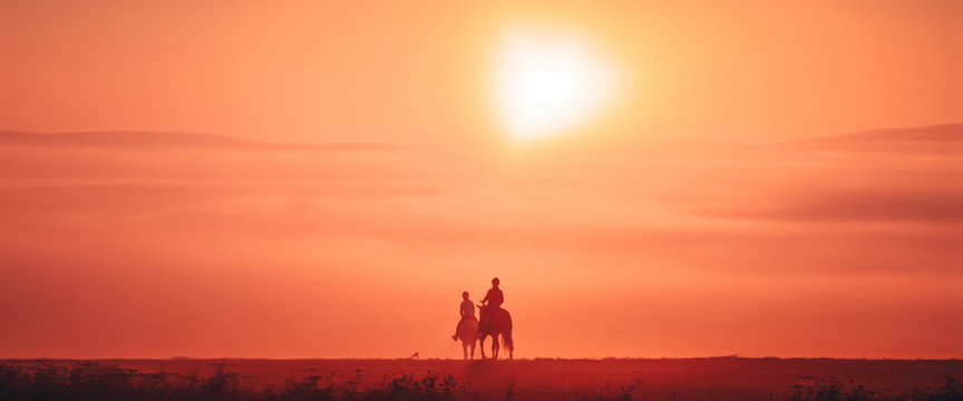 Banner, Web Page Or Cover Template Of Young Girl Riding On Horse During Wonderful Calm Autumn Morning Full Of Mist And Gold Light. Copy Space And Panoramic Ratio