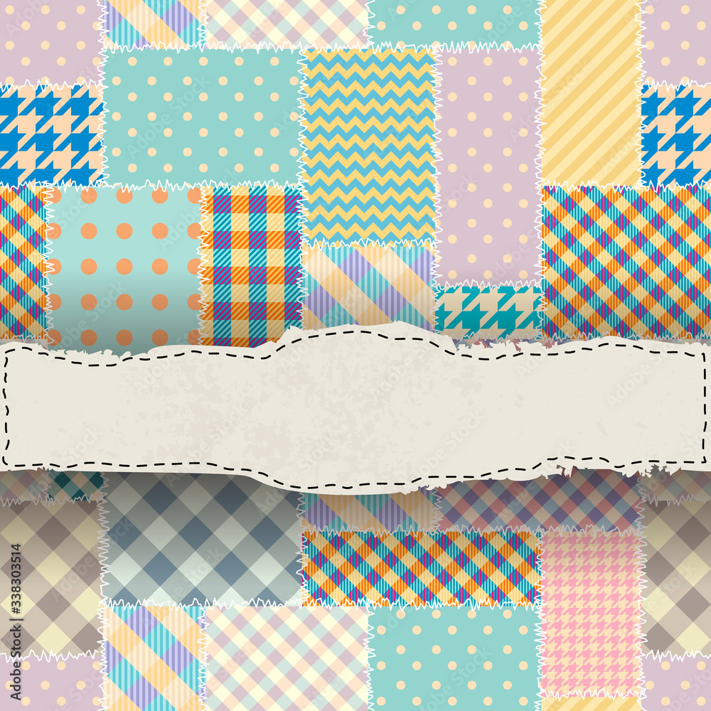 Poster Geunge label on patchwork pattern. Textile patchwork pattern. Vector image
