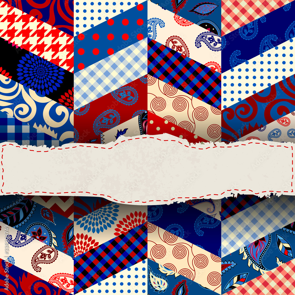 Poster Geunge label on patchwork pattern. Textile patchwork pattern. Vector image