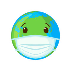 Vector Globe icon wear face mask for coronavirus protection isolated on white background.