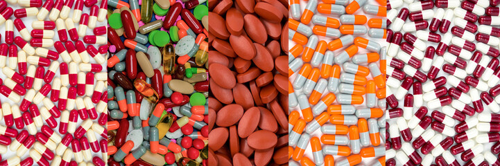 Vitamins and supplements. Colorful of pills. Many of capsules and tablets pills. Pharmaceutical industry products. Drug interactions concept. PhaPharmaceutics concept. Healthcare and medicine backdrop