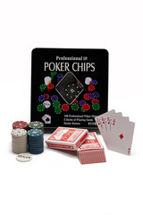 Subject shot of a poker set on the white backdrop. The board game consists of a tin box, casino chips, two deck of card and a dealer chip. 