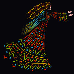 winged woman in patterned dress stretches her arms forward