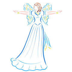 winged woman stands or dances arms outstretched
