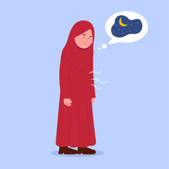 Little Hijab Girl Hungry Waiting Iftar Time Cartoon Illustration
