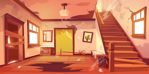 Old abandoned house with mess and broken furniture at daytime. Vector cartoon interior of empty home hallway with dirty walls, boarded up door, garbage, broken wooden staircase and crack in floor