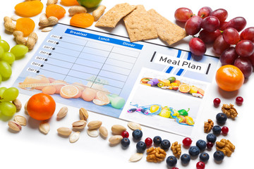 Fototapeta na wymiar Healthy products and meal plan on white background