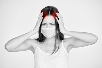 Sick beauty white girl with protective mask. Pandemic quarantine corona virus. Illness influenza...