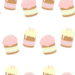 Seamless pattern. Easter cake or sweet bread or Paska. Soft colorful Spring festive background and texture with traditional food in cartoon style. Hand Drawn vector illustration