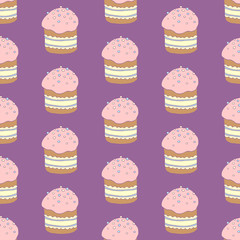 Seamless pattern. Easter cake or sweet bread or Paska. Soft colorful Spring festive background and texture with traditional food in cartoon style. Hand Drawn vector illustration
