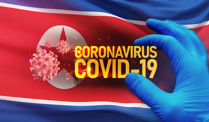 Coronavirus COVID-19 outbreak concept, health threatening virus, background waving national flag of North Korea. Pandemic stop Novel Coronavirus outbreak covid-19 3D illustration.