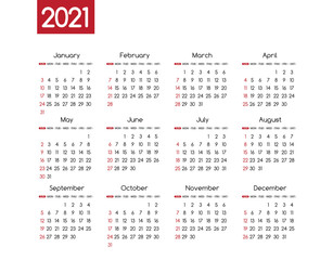 Vector 2021 new year calendar planner template in minimal table simple style red and grey color,Holiday event adenda, Week Starts Sunday.12 month layout annual calender .timetable for diary