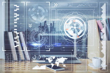 Double exposure of computer and technology theme drawing. Concept of innovation.