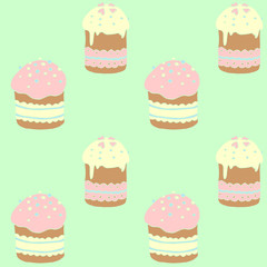 Seamless pattern. Easter cake or sweet bread or Paska. Soft colorful Spring festive background and texture with traditional food in cartoon style. Hand Drawn vector illustration