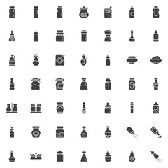 Condiment sauces vector icons set, modern solid symbol collection, filled style pictogram pack. Signs, logo illustration. Set includes icons as Spices bottles, mustard, mayonnaise, ketchup, peper