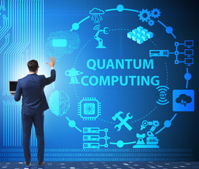 Businessman pressing virtual button in quantum computing concept