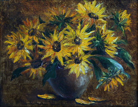 sunflowers in a vase on a dark texture background. oil painting. palette knife, volumetric painting