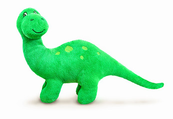 Brontosaurus plush toy. Isolated on white background with natural shadow. Brontosaur stuffed toy on...