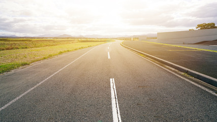 Start to journey, find destination, Perspective road transportation in countryside, Effect warm flare light