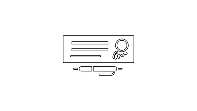 Black line Blank template of the bank check and pen icon isolated on white background. Checkbook cheque page with empty fields to fill. 4K Video motion graphic animation