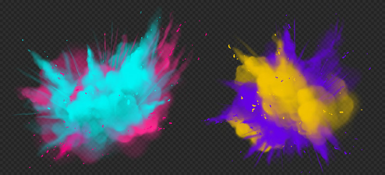 Holi paint powder color explosion realistic vector illustration. Blue pink, yellow purple dust splash, spring holiday paint burst isolated on dark transparent, decorative element for indian fest