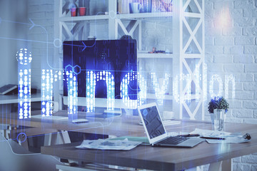 Multi exposure of computer on background and technology theme drawing. Concept of innovation.