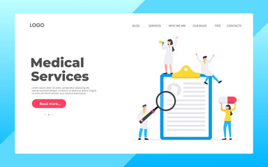 Healthcare medical science landing page concept with tiny people doctors and big clipboard with medical records vector illustration isolated on white background. Suitable for banners, web sites, cards