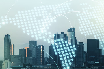 Obraz premium Abstract virtual world map with connections on Los Angeles skyline background, international trading concept. Multiexposure